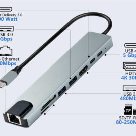 8-in-1 USB-C Hub Adapter with 4K HDMI, 100W PD, Ethernet, USB 3.0, SD/TF Card Reader – Multiport Type-C Docking Station for Laptops and Tablets